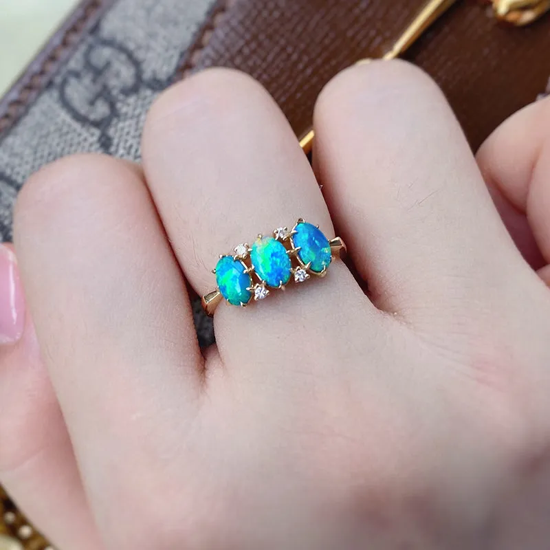 18K Gold Oval Shape 0.38ct Natural Opal Diamond Ring