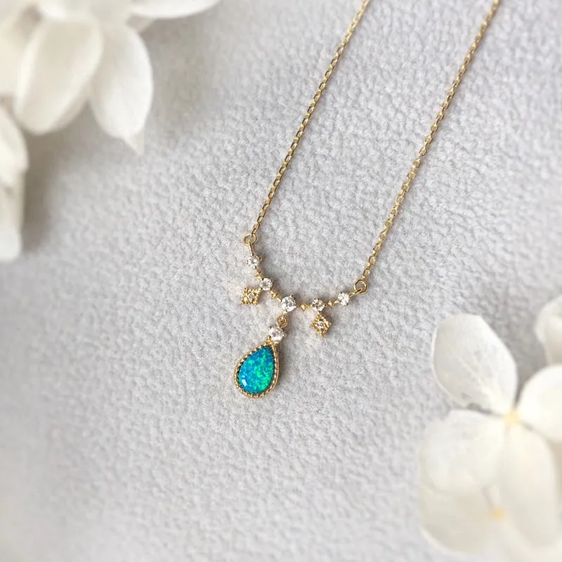18K Gold Pear Cut 0.11ct Natural Opal Real 0.12ct Diamond Necklace 18"