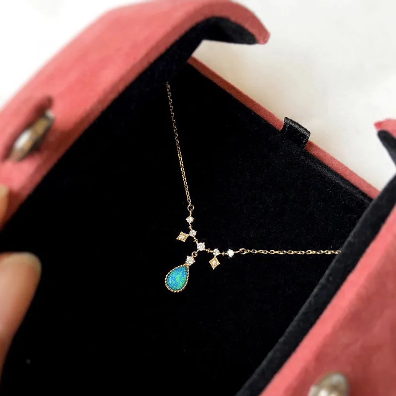 18K Gold Pear Cut 0.11ct Natural Opal Real 0.12ct Diamond Necklace 18"