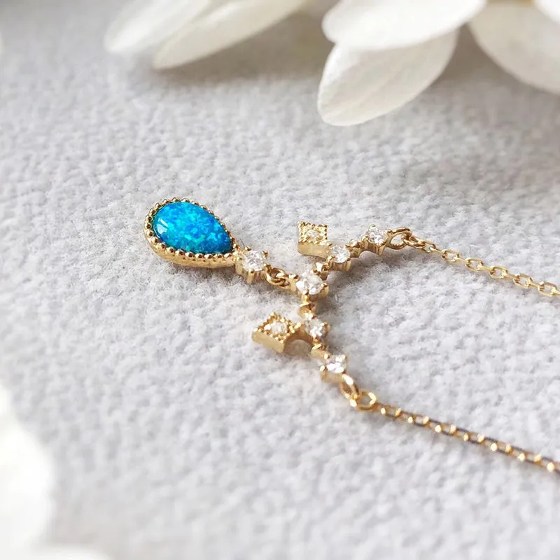 18K Gold Pear Cut 0.11ct Natural Opal Real 0.12ct Diamond Necklace 18"