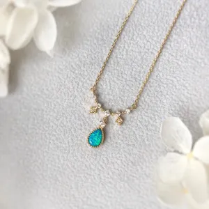 18K Gold Pear Cut 0.11ct Natural Opal Real 0.12ct Diamond Necklace 18"