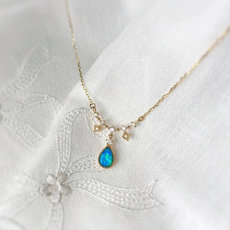 18K Gold Pear Cut 0.11ct Natural Opal Real 0.12ct Diamond Necklace 18"
