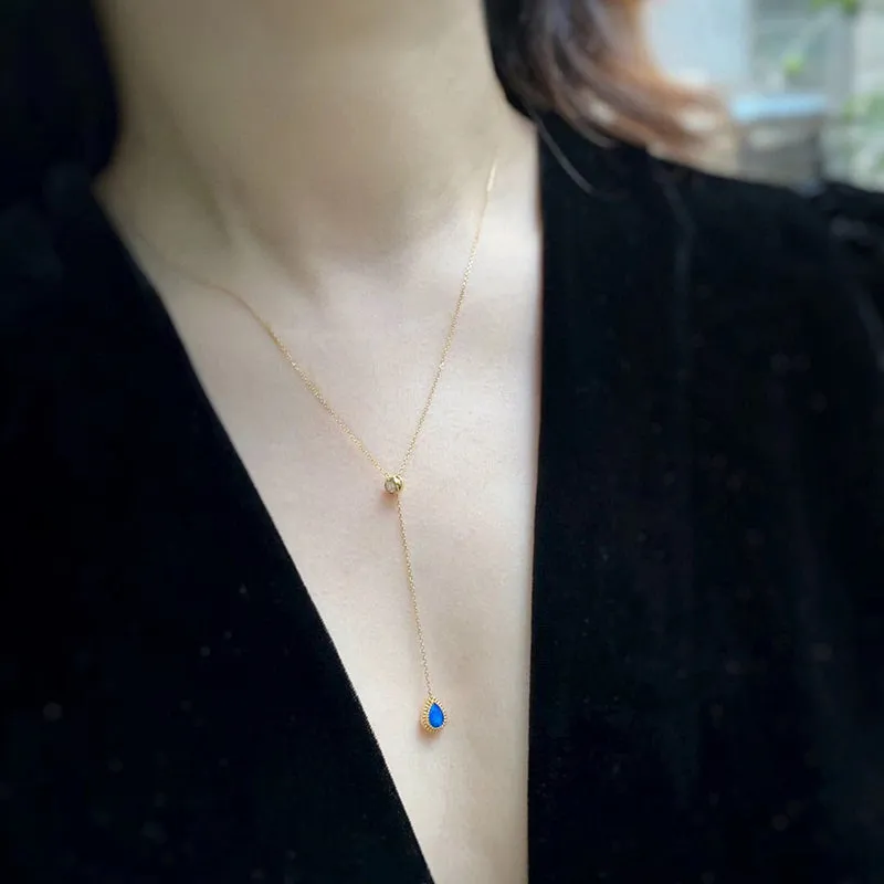 18K Gold Pear Cut 0.12ct Natural Opal Mother of Pearl Diamond Sweater Necklace 20.8"