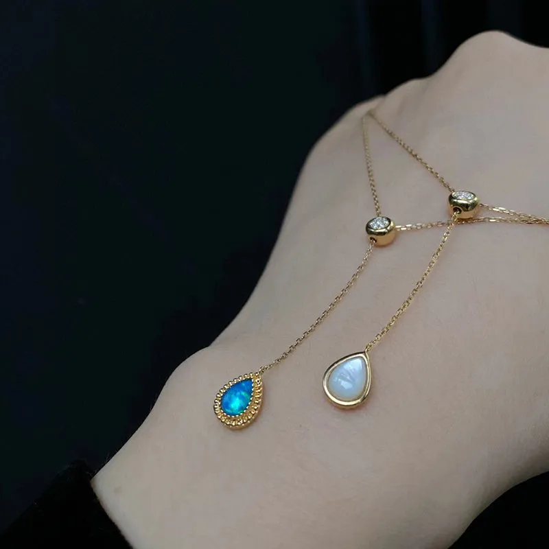 18K Gold Pear Cut 0.12ct Natural Opal Mother of Pearl Diamond Sweater Necklace 20.8"