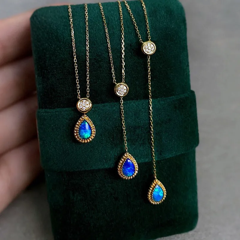 18K Gold Pear Cut 0.12ct Natural Opal Mother of Pearl Diamond Sweater Necklace 20.8"