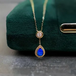 18K Gold Pear Cut 0.12ct Natural Opal Mother of Pearl Diamond Sweater Necklace 20.8"