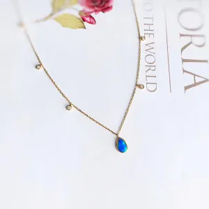 18K Gold Pear Cut 0.30ct Natural Opal 0.07ct Diamond Pendant Necklace 16.5"