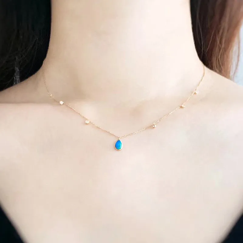 18K Gold Pear Cut 0.30ct Natural Opal 0.07ct Diamond Pendant Necklace 16.5"