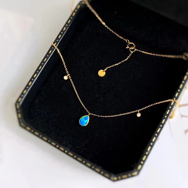 18K Gold Pear Cut 0.30ct Natural Opal 0.07ct Diamond Pendant Necklace 16.5"