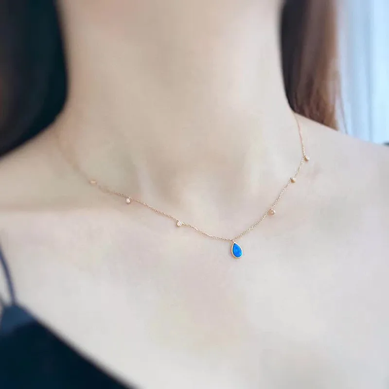 18K Gold Pear Cut 0.30ct Natural Opal 0.07ct Diamond Pendant Necklace 16.5"