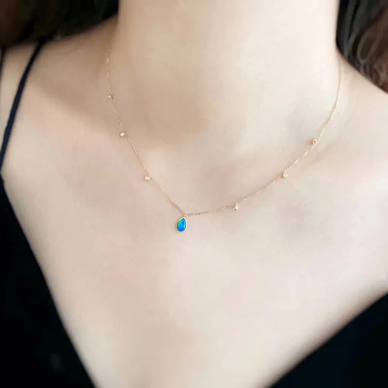 18K Gold Pear Cut 0.30ct Natural Opal 0.07ct Diamond Pendant Necklace 16.5"