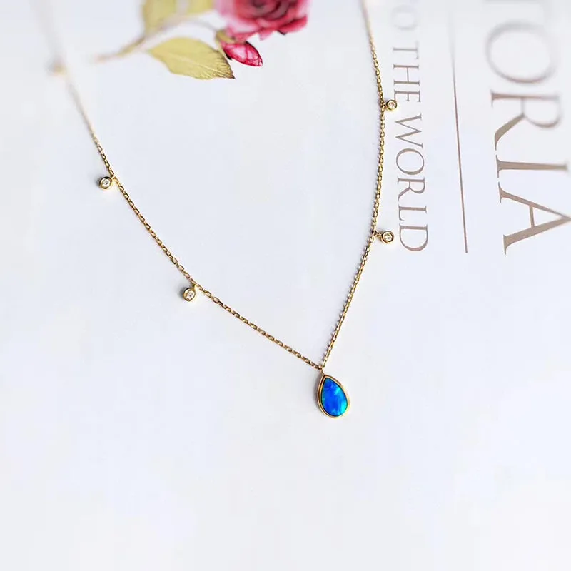 18K Gold Pear Cut 0.30ct Natural Opal 0.07ct Diamond Pendant Necklace 16.5"