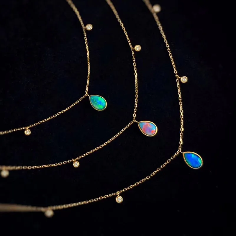 18K Gold Pear Cut 0.30ct Natural Opal 0.07ct Diamond Pendant Necklace 16.5"