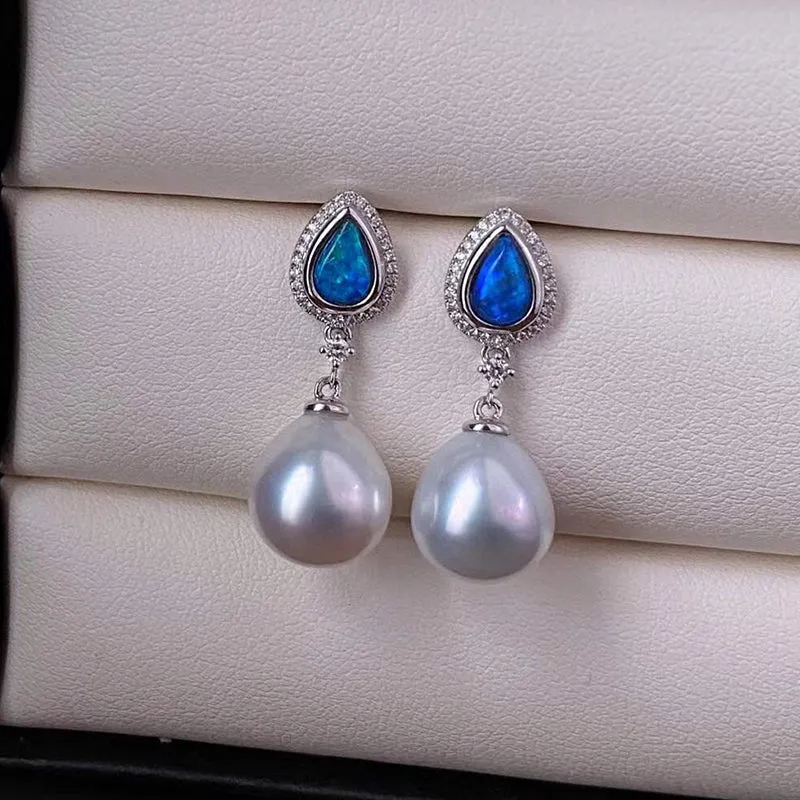 18K Gold Pear Cut 0.40ct Natural Opal &10mm AKOYA Pearl Diamond Drop Earrings