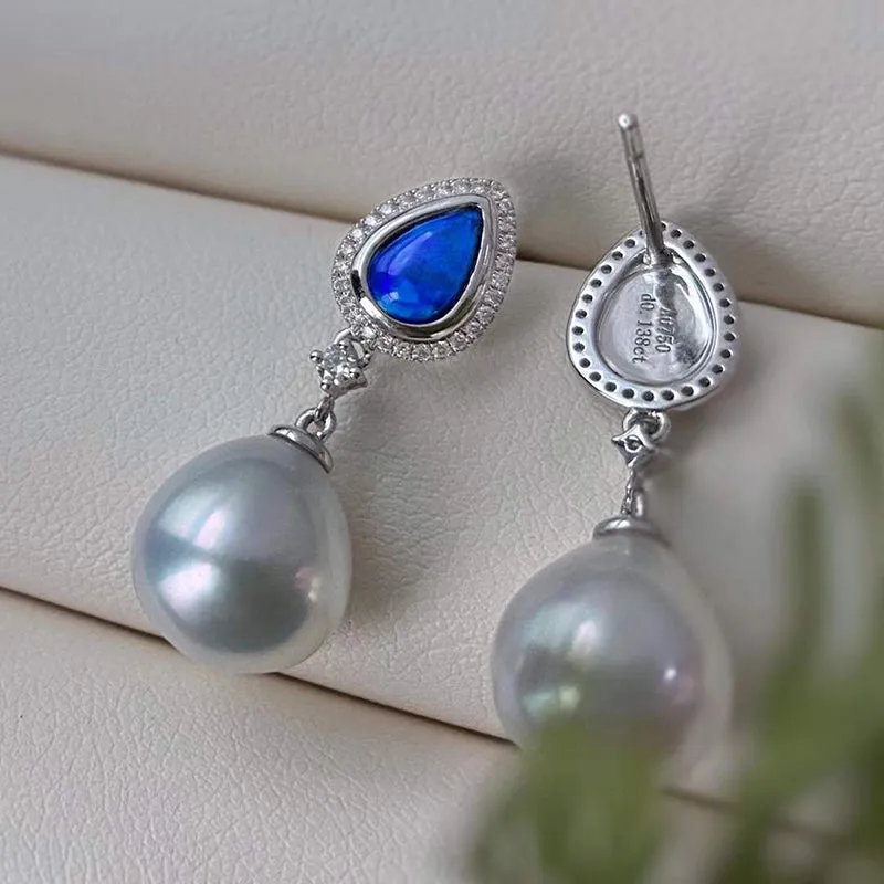 18K Gold Pear Cut 0.40ct Natural Opal &10mm AKOYA Pearl Diamond Drop Earrings