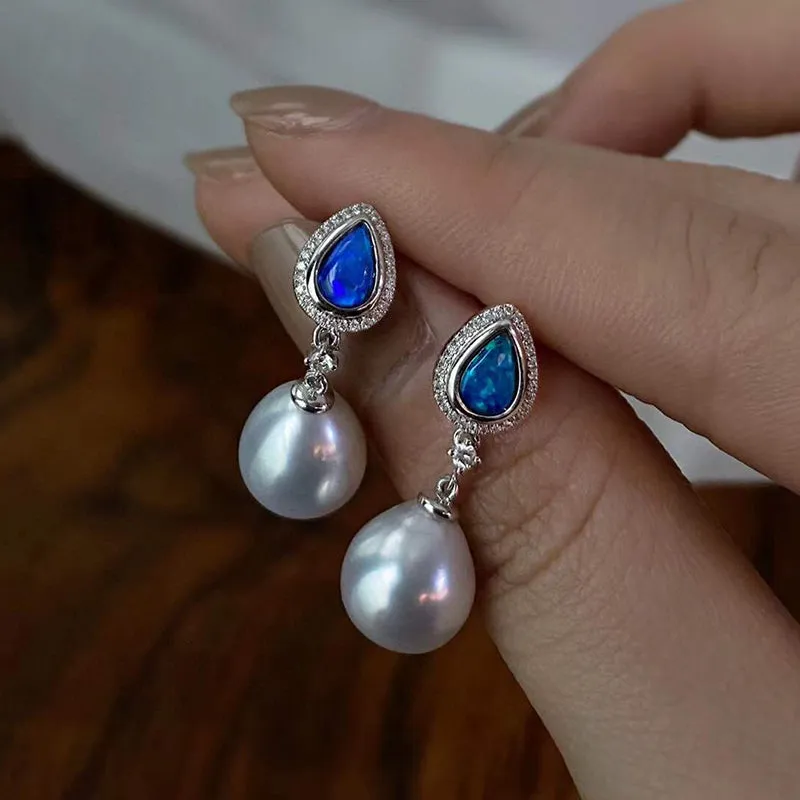 18K Gold Pear Cut 0.40ct Natural Opal &10mm AKOYA Pearl Diamond Drop Earrings