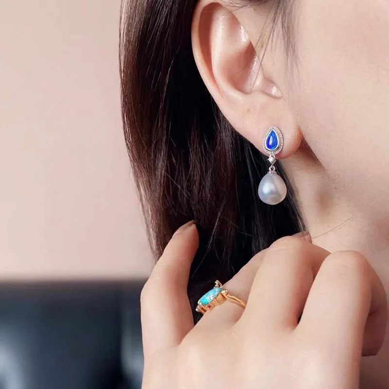 18K Gold Pear Cut 0.40ct Natural Opal &10mm AKOYA Pearl Diamond Drop Earrings