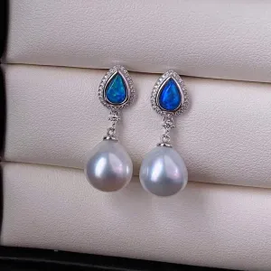18K Gold Pear Cut 0.40ct Natural Opal &10mm AKOYA Pearl Diamond Drop Earrings