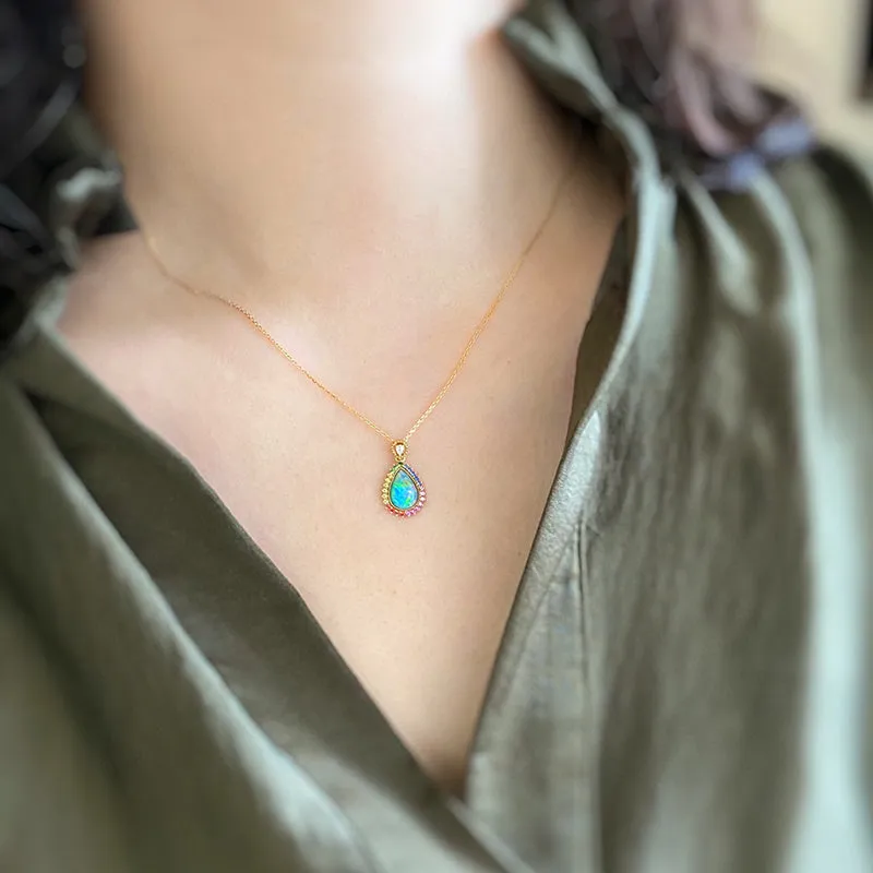 18K Gold Pear Cut 0.70ct Natural Opal Gemstone Halo Pendant Necklace 18"