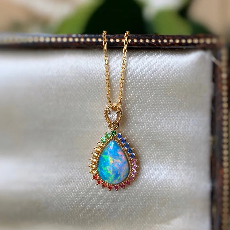 18K Gold Pear Cut 0.70ct Natural Opal Gemstone Halo Pendant Necklace 18"