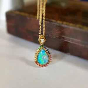 18K Gold Pear Cut 0.70ct Natural Opal Gemstone Halo Pendant Necklace 18"