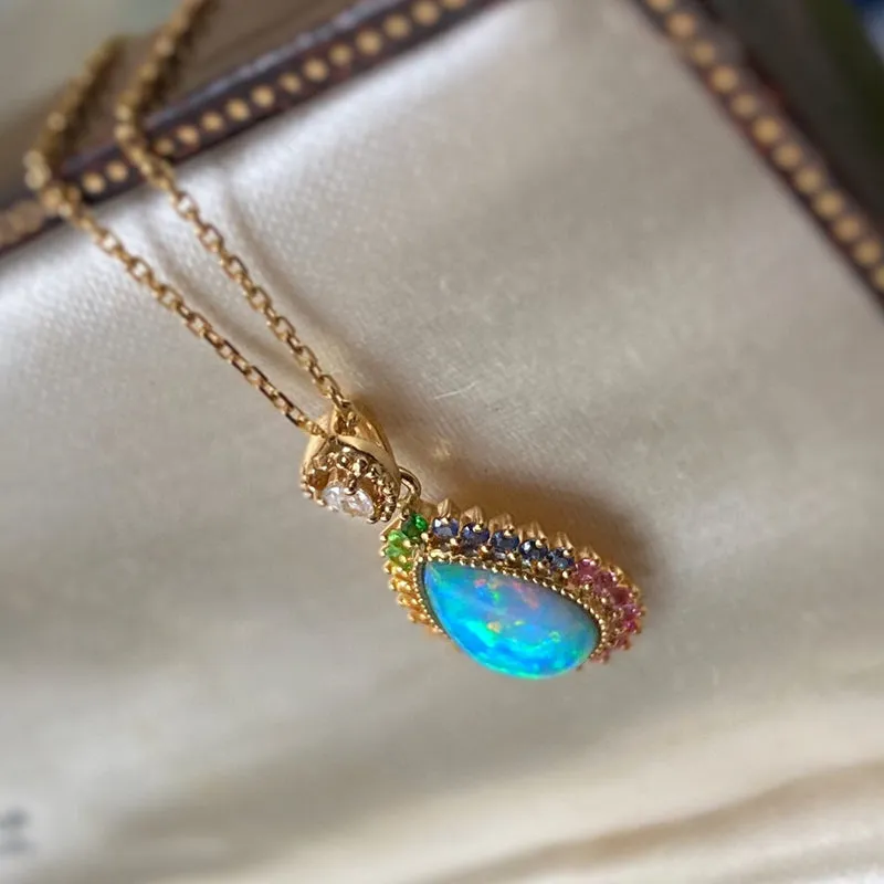 18K Gold Pear Cut 0.70ct Natural Opal Gemstone Halo Pendant Necklace 18"