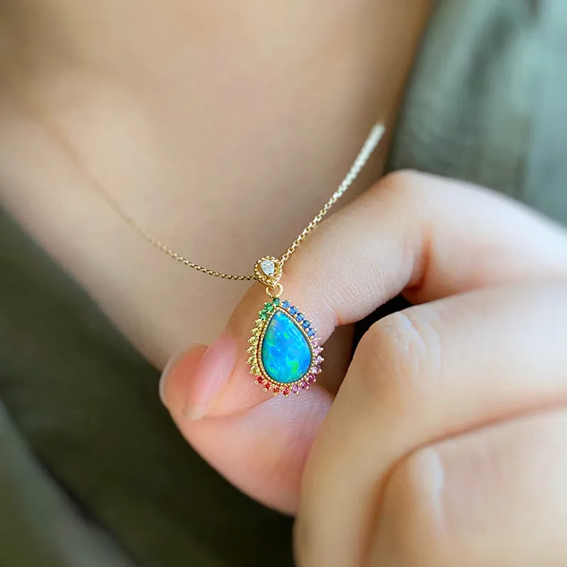 18K Gold Pear Cut 0.70ct Natural Opal Gemstone Halo Pendant Necklace 18"