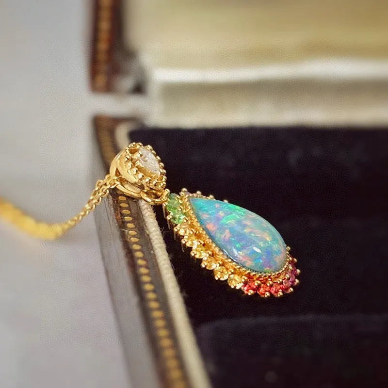 18K Gold Pear Cut 0.70ct Natural Opal Gemstone Halo Pendant Necklace 18"
