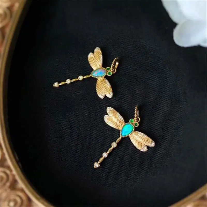 18K Gold Pear Cut Natural Opal Diamond Emerald 19.97X27.06M Dragonfly Pendant Necklace