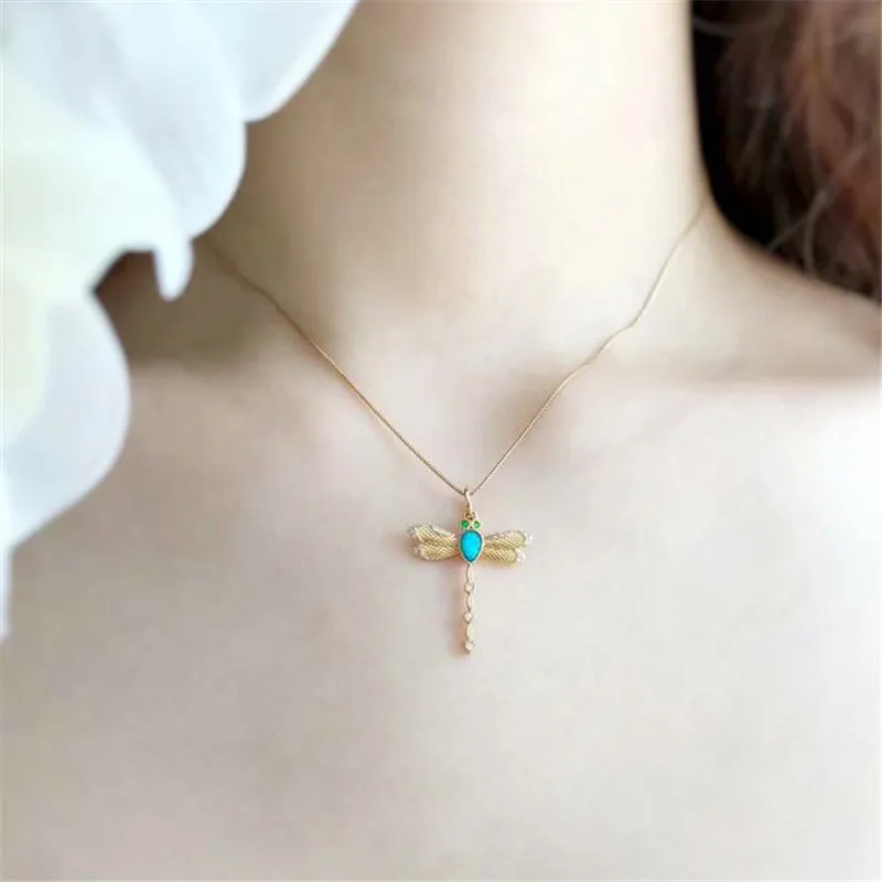 18K Gold Pear Cut Natural Opal Diamond Emerald 19.97X27.06M Dragonfly Pendant Necklace