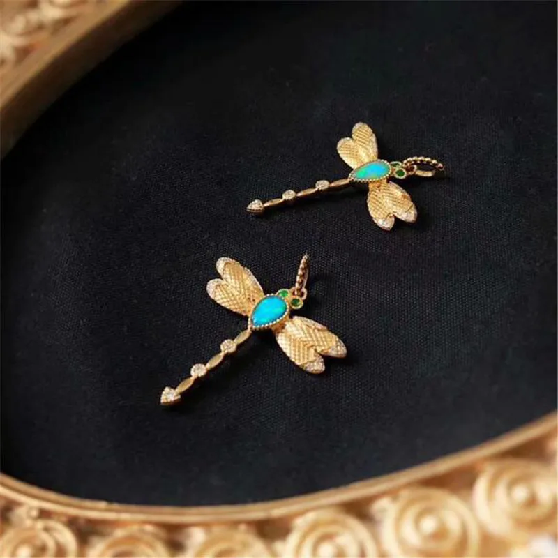 18K Gold Pear Cut Natural Opal Diamond Emerald 19.97X27.06M Dragonfly Pendant Necklace