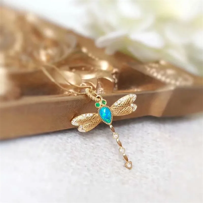 18K Gold Pear Cut Natural Opal Diamond Emerald 19.97X27.06M Dragonfly Pendant Necklace
