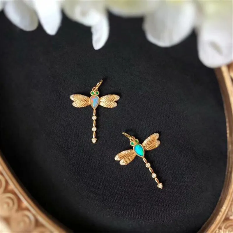 18K Gold Pear Cut Natural Opal Diamond Emerald 19.97X27.06M Dragonfly Pendant Necklace
