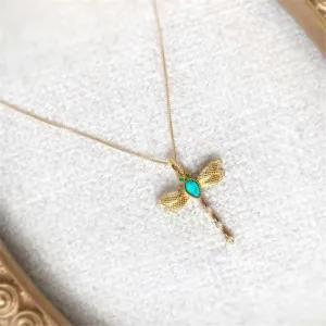 18K Gold Pear Cut Natural Opal Diamond Emerald 19.97X27.06M Dragonfly Pendant Necklace