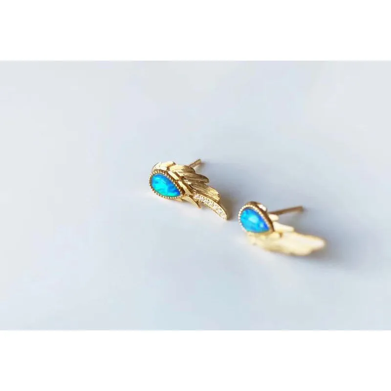 18K Gold Pear Cut Natural Opal Diamond  Wing Earrings