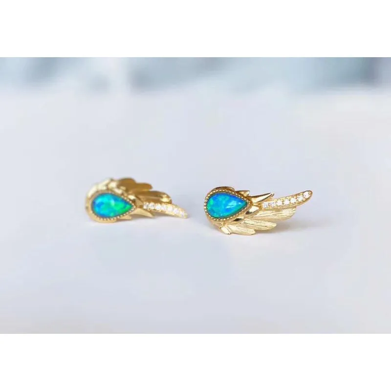 18K Gold Pear Cut Natural Opal Diamond  Wing Earrings