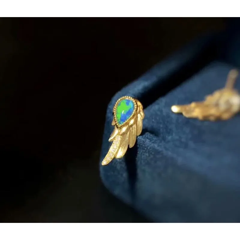 18K Gold Pear Cut Natural Opal Diamond  Wing Earrings