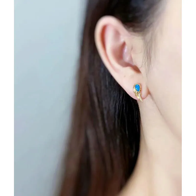 18K Gold Pear Cut Natural Opal Diamond  Wing Earrings