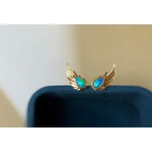 18K Gold Pear Cut Natural Opal Diamond  Wing Earrings