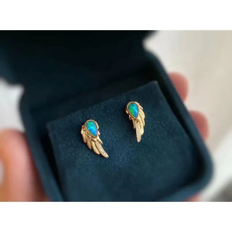 18K Gold Pear Cut Natural Opal Diamond  Wing Earrings