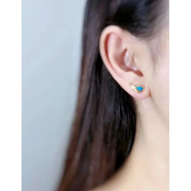 18K Gold Pear Cut Natural Opal Diamond  Wing Earrings
