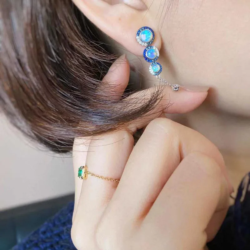 18k Gold Round 1.8ct Natural Opal Sapphire Diamond Drop Earrings