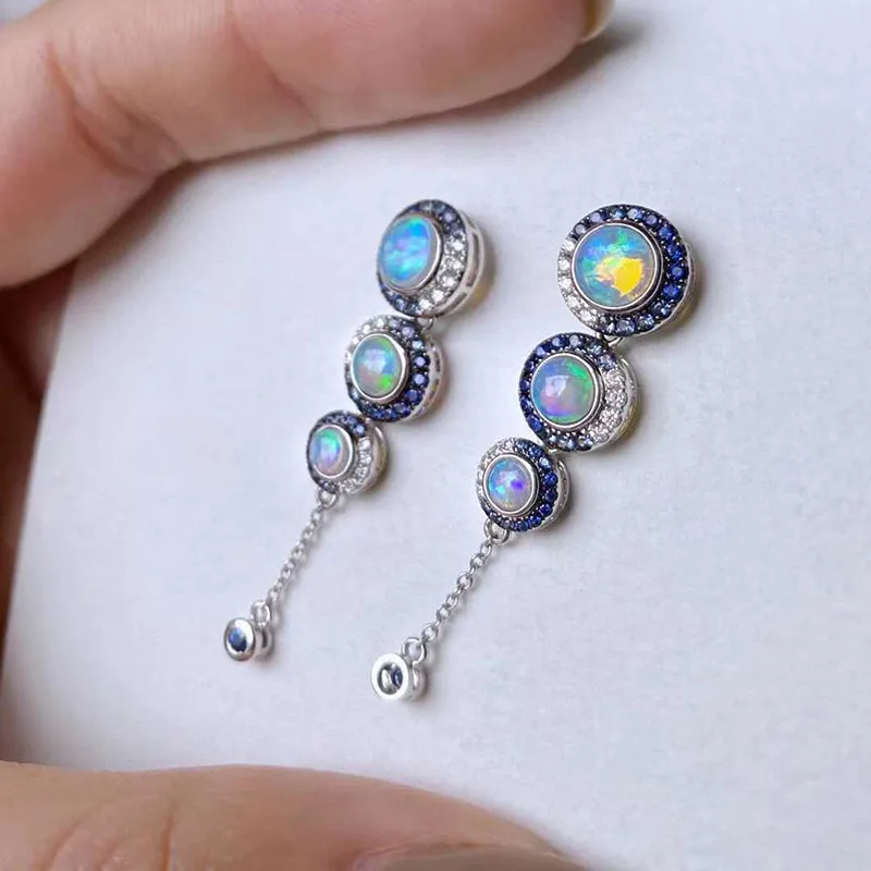 18k Gold Round 1.8ct Natural Opal Sapphire Diamond Drop Earrings