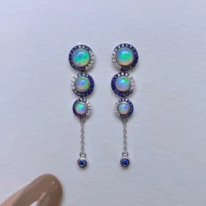 18k Gold Round 1.8ct Natural Opal Sapphire Diamond Drop Earrings