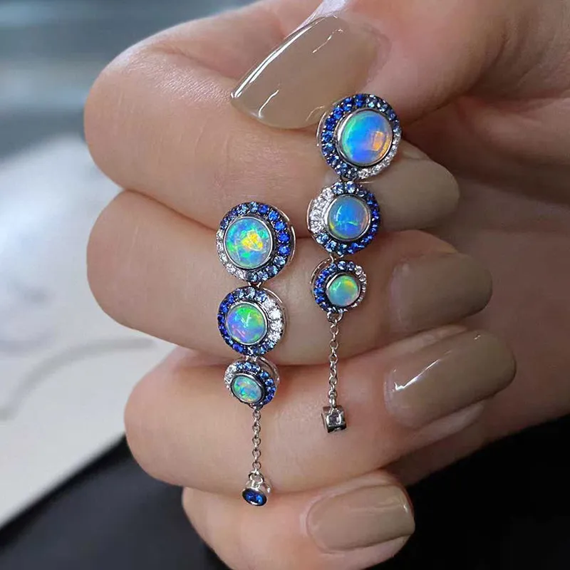 18k Gold Round 1.8ct Natural Opal Sapphire Diamond Drop Earrings