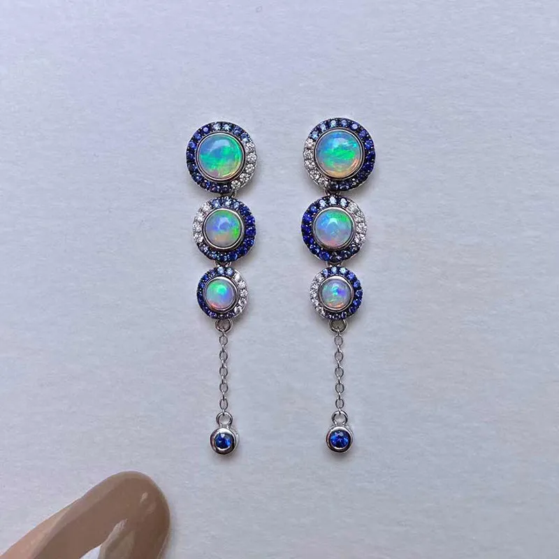 18k Gold Round 1.8ct Natural Opal Sapphire Diamond Drop Earrings