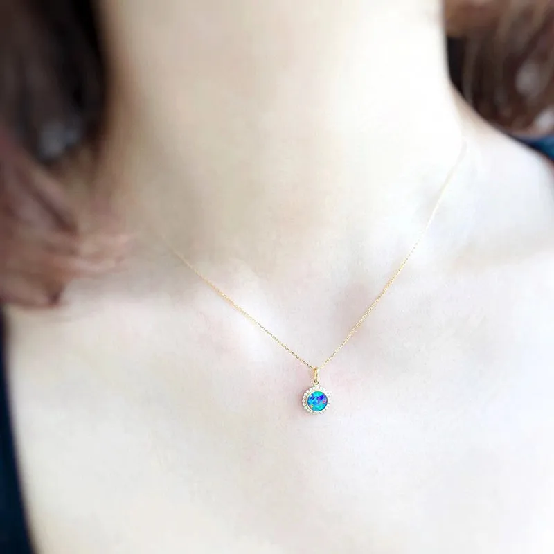 18K Gold Round Cut 0.18ct Natural Opal Diamond Pendant Necklace 18"