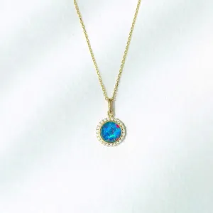 18K Gold Round Cut 0.18ct Natural Opal Diamond Pendant Necklace 18"