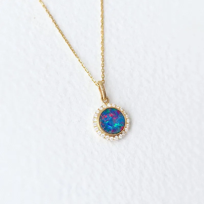 18K Gold Round Cut 0.18ct Natural Opal Diamond Pendant Necklace 18"