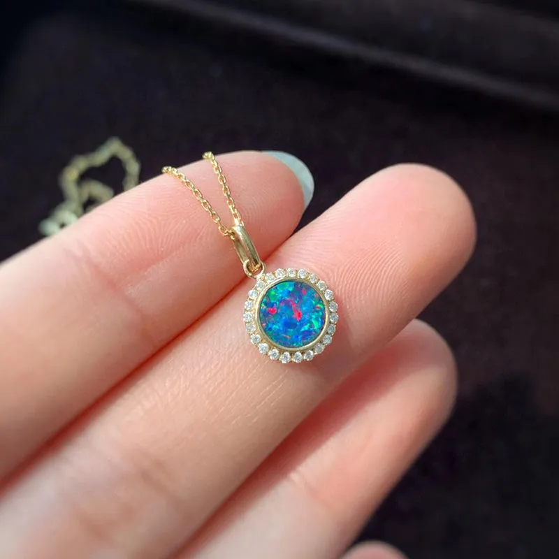 18K Gold Round Cut 0.18ct Natural Opal Diamond Pendant Necklace 18"
